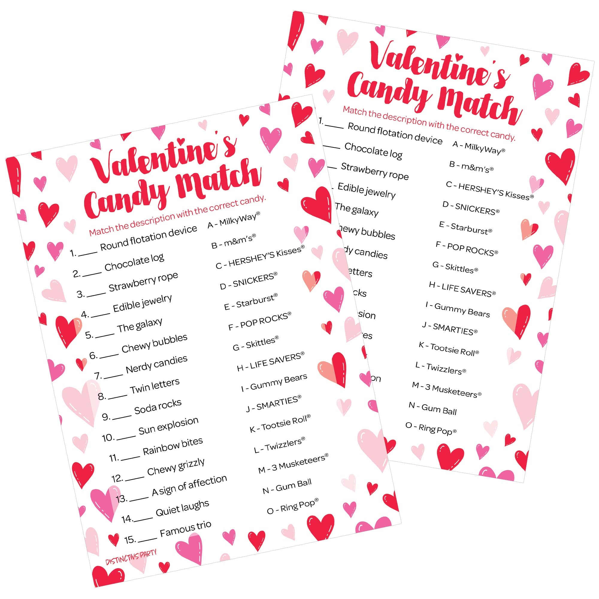 Valentine's Day Candy Match Classroom Party Game - 25 Player Cards
